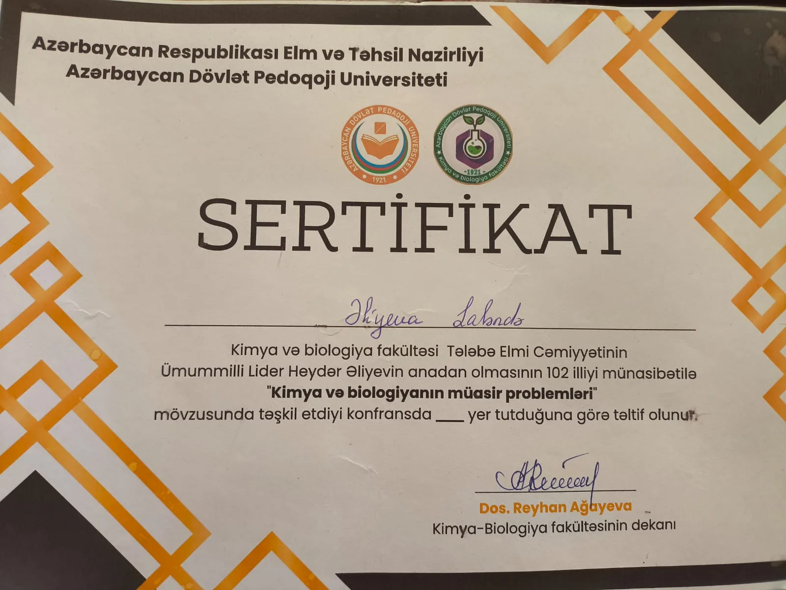 Kimya və biologiyanın müasir problemləri sertifikatı